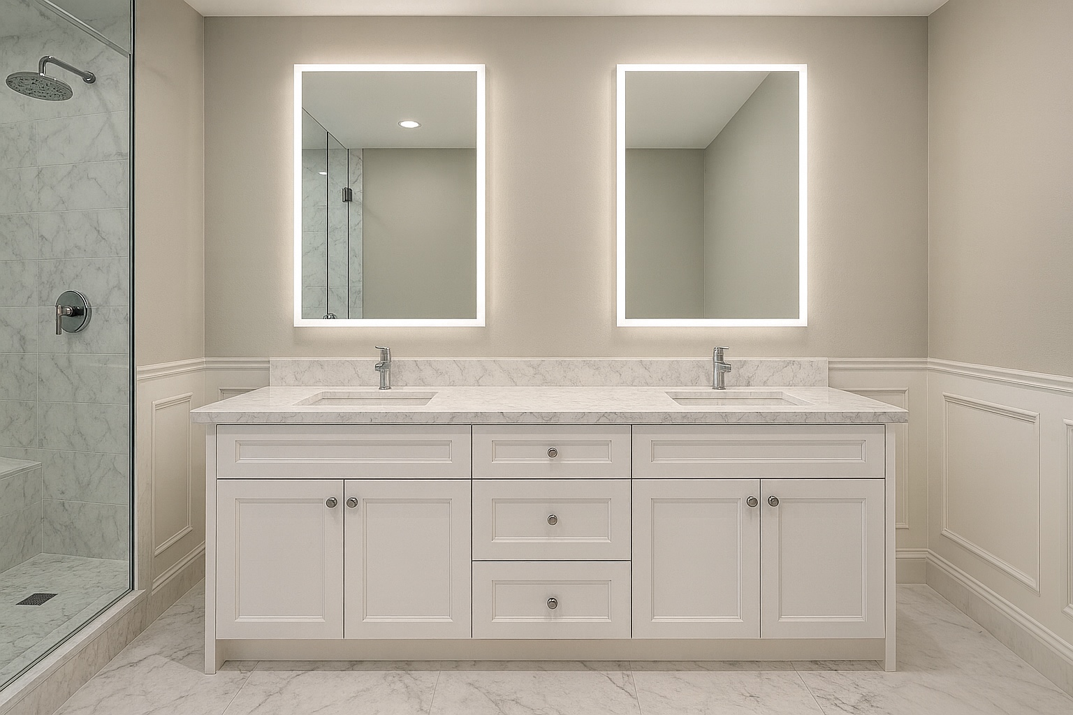 A white double vanity with illuminated mirrors beside a glass shower