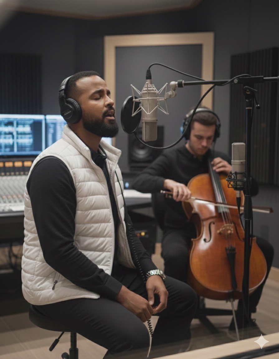 Eddison Michael singing in a white vest, with a cellist in the studio