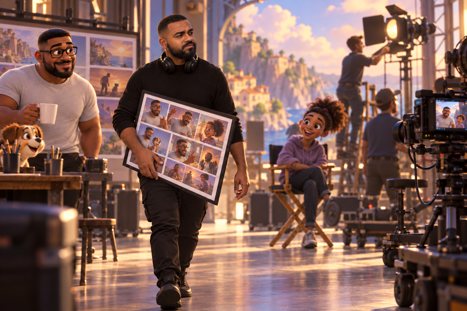Photoreal Eddison walking through an animated production set, carrying canvas artwork of the characters he directs