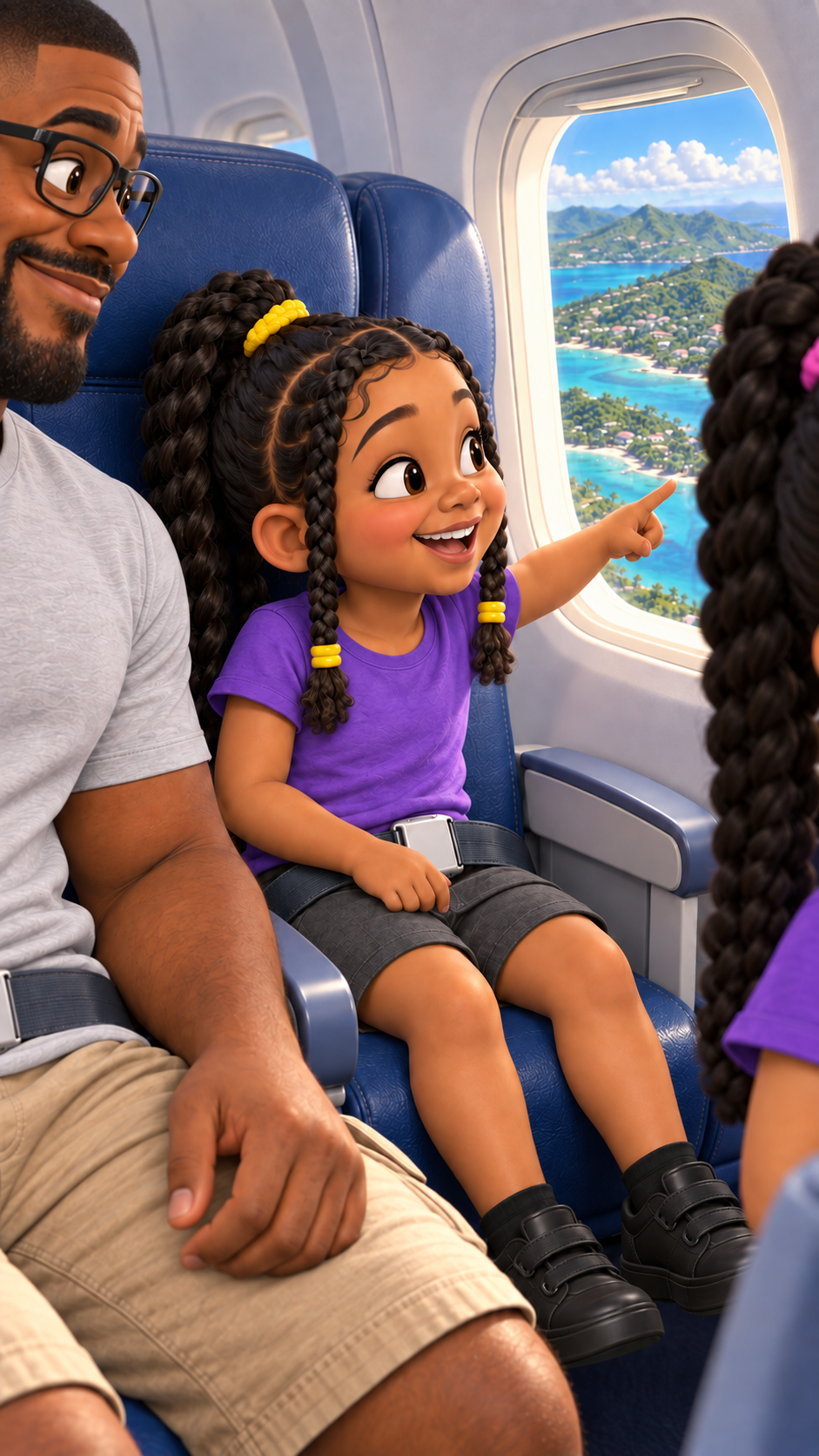 Animated Michael seated beside a girl with braided hair and yellow beads, pointing through an airplane window toward a bright island coastline, with another girl in the foreground