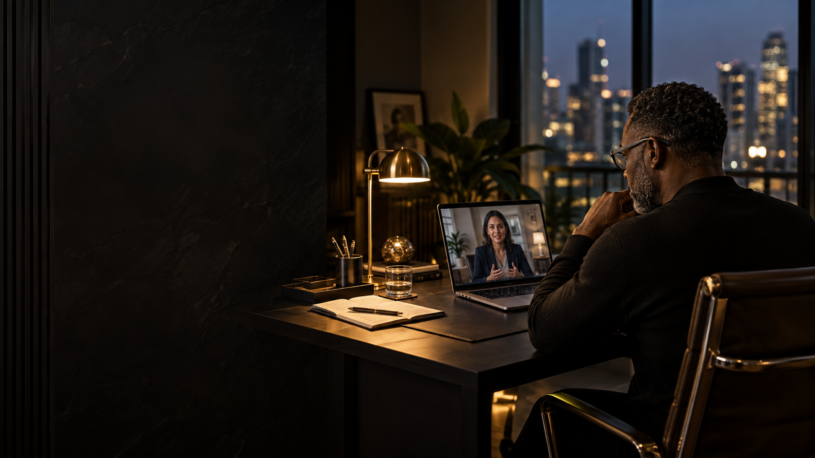 Concept scene of a specialist sharing expertise by video from his home office