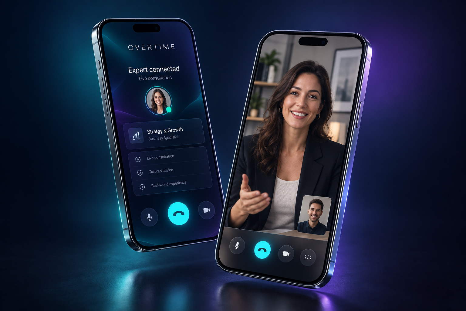 OverTime concept shown on two iPhones: an expert connection interface and a live professional video consultation