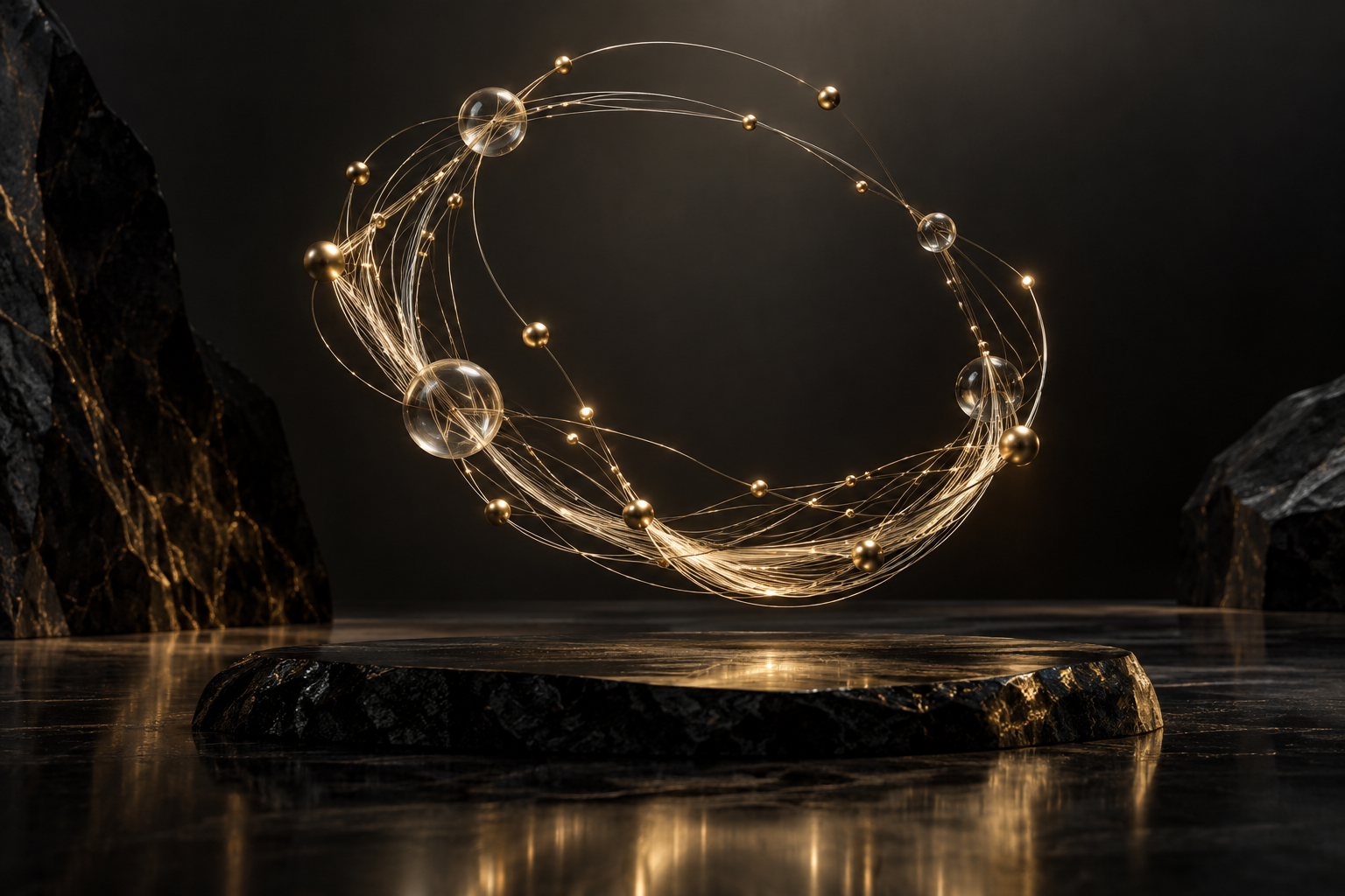 A floating circular network of liquid glass and luminous filaments