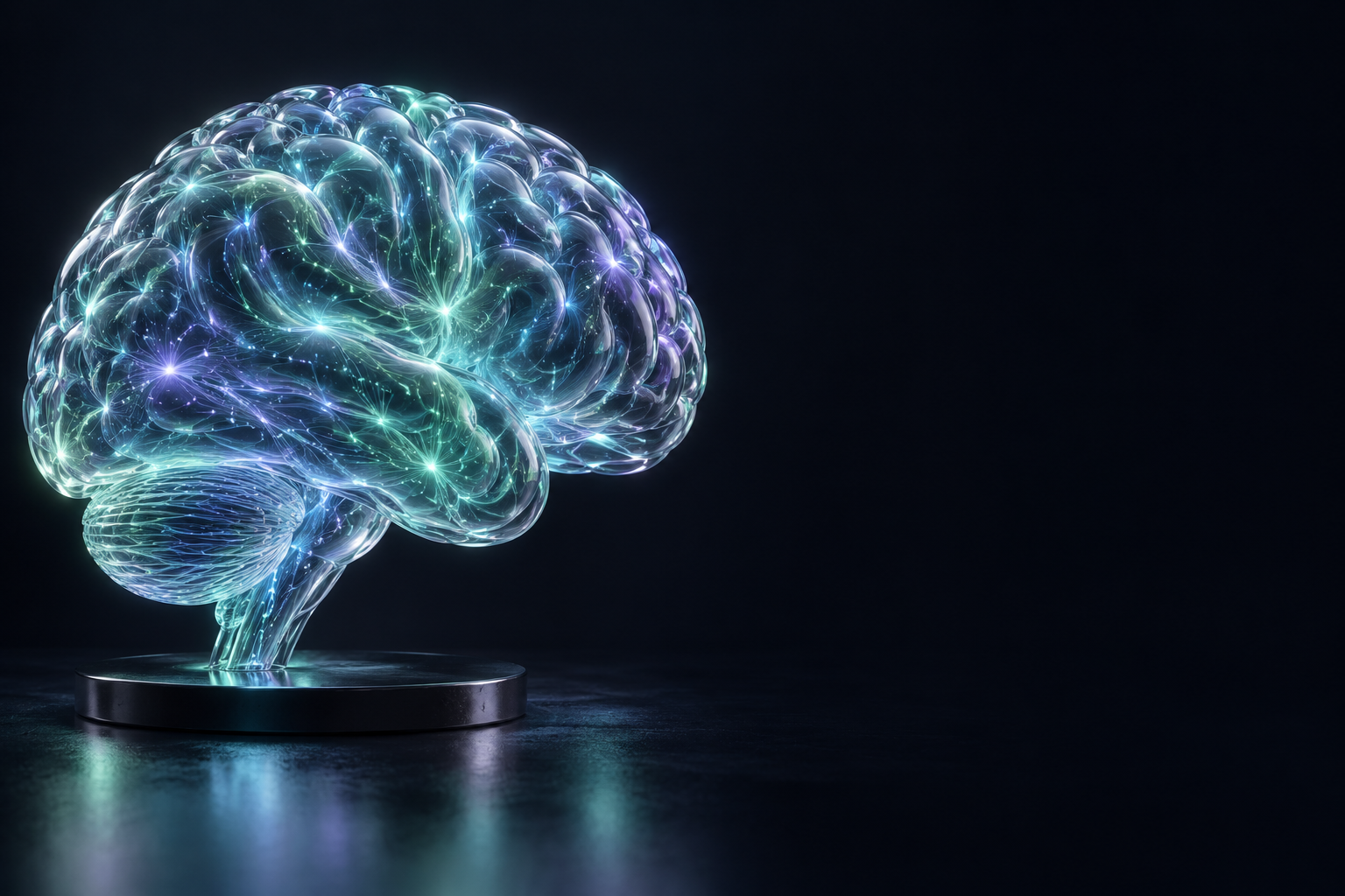 A three-dimensional glass brain illuminated in teal, blue, and violet